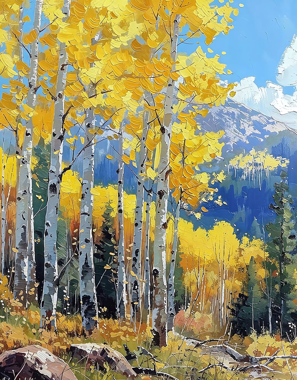 Berkenbomen met gele bladeren en in de herfst, Ingelijste wanddecoratie door F. Abderrahim