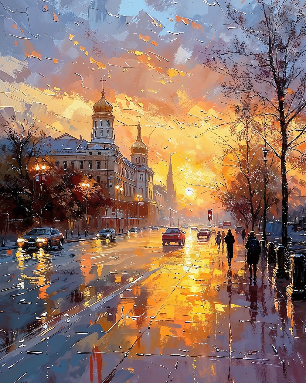 Mensen die op straat bij zonsopgang onder vallende regen lopen, Muurdecoratie te koop door F. Abderrahim