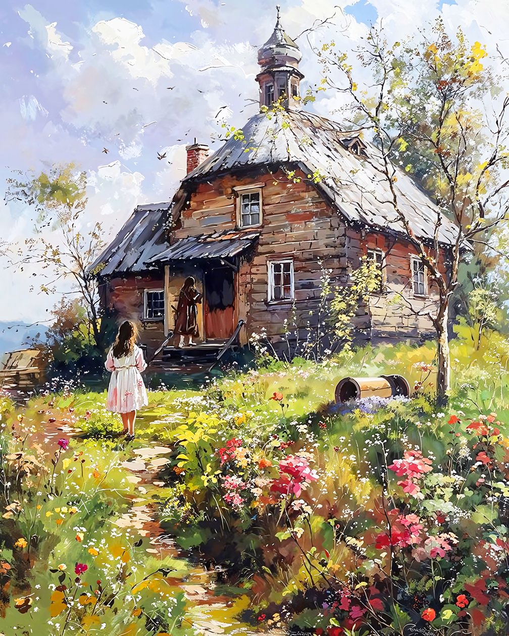 Een meisje en haar moeder voor een houten huis, muur Decor door F. Abderrahim