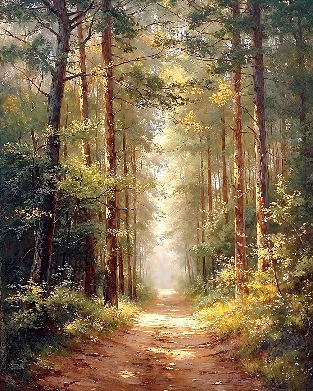 Lang pad in hoog bomenbos, klassiek wanddecor door F. Abderrahim