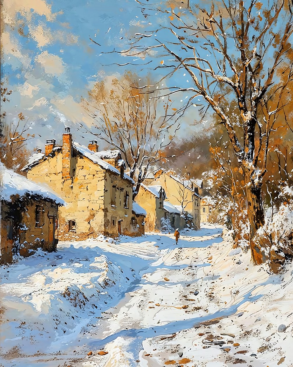 Oud dorp in de winter en sneeuw, wanddecor voor woonkamer door F. Abderrahim