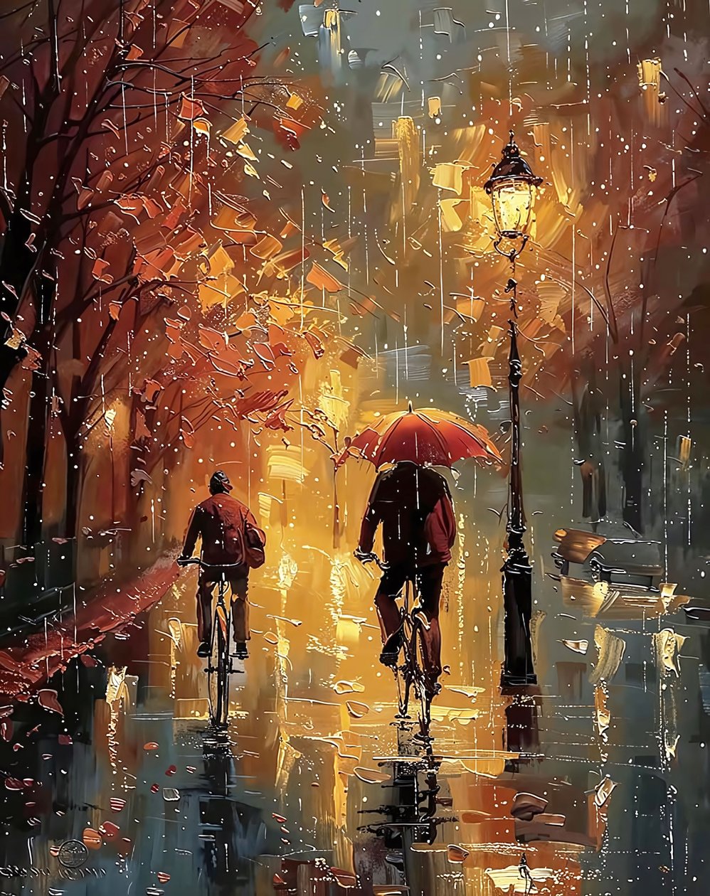 Fietsers fietsen midden op straat in de regen, Wanddecoratie voor kamer door F. Abderrahim