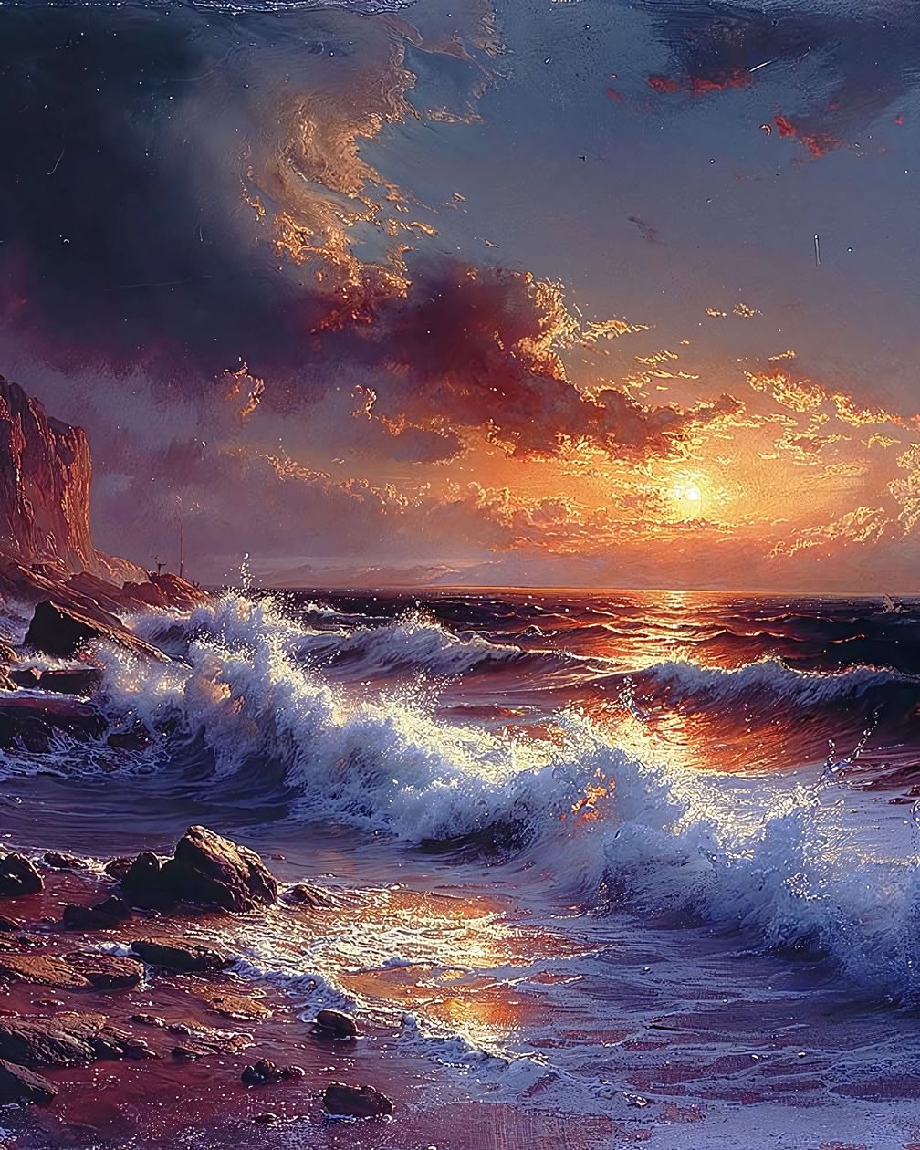 Delicate tekening van golven bij zonsondergang aan zee, Natuur wanddecoratie door F. Abderrahim