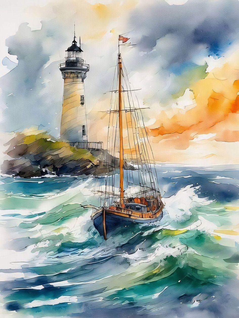 Een vuurtoren, golven  een boot in de zee golven Schilderij, moderne wanddecoratie door F. Abderrahim