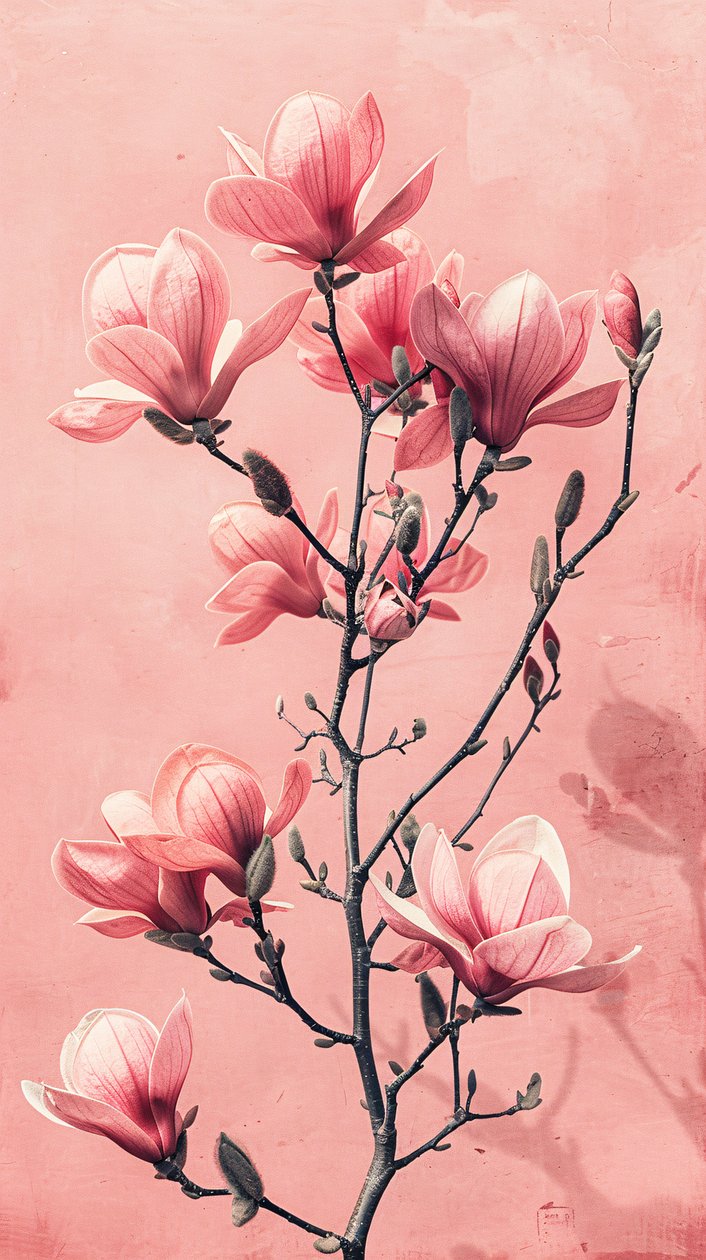 Minimalistische roze  grijze bloemen, Botanische muurdecoratie voor slaapkamer door F. Abderrahim