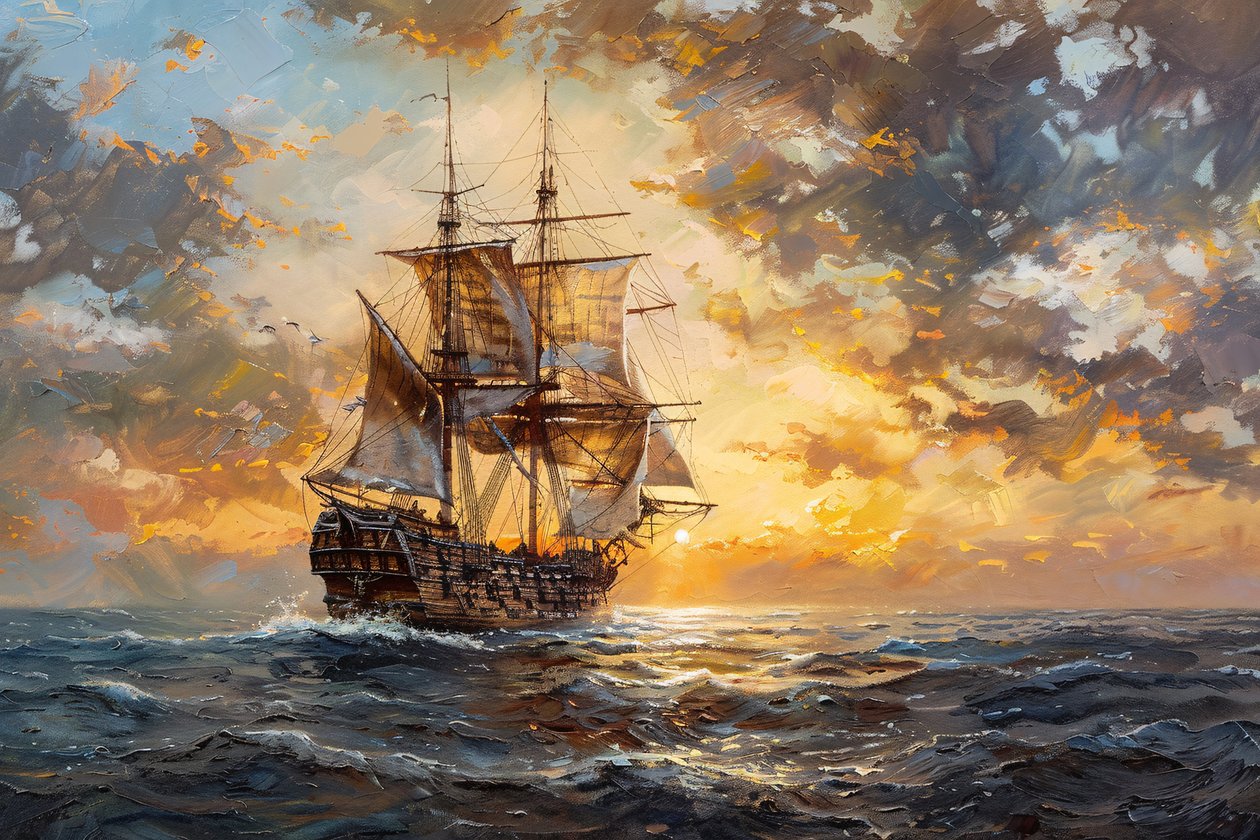 Olieverfschilderij Piratenschip in de oceaan bij zonsondergang, ingelijste wanddecoratie door F. Abderrahim