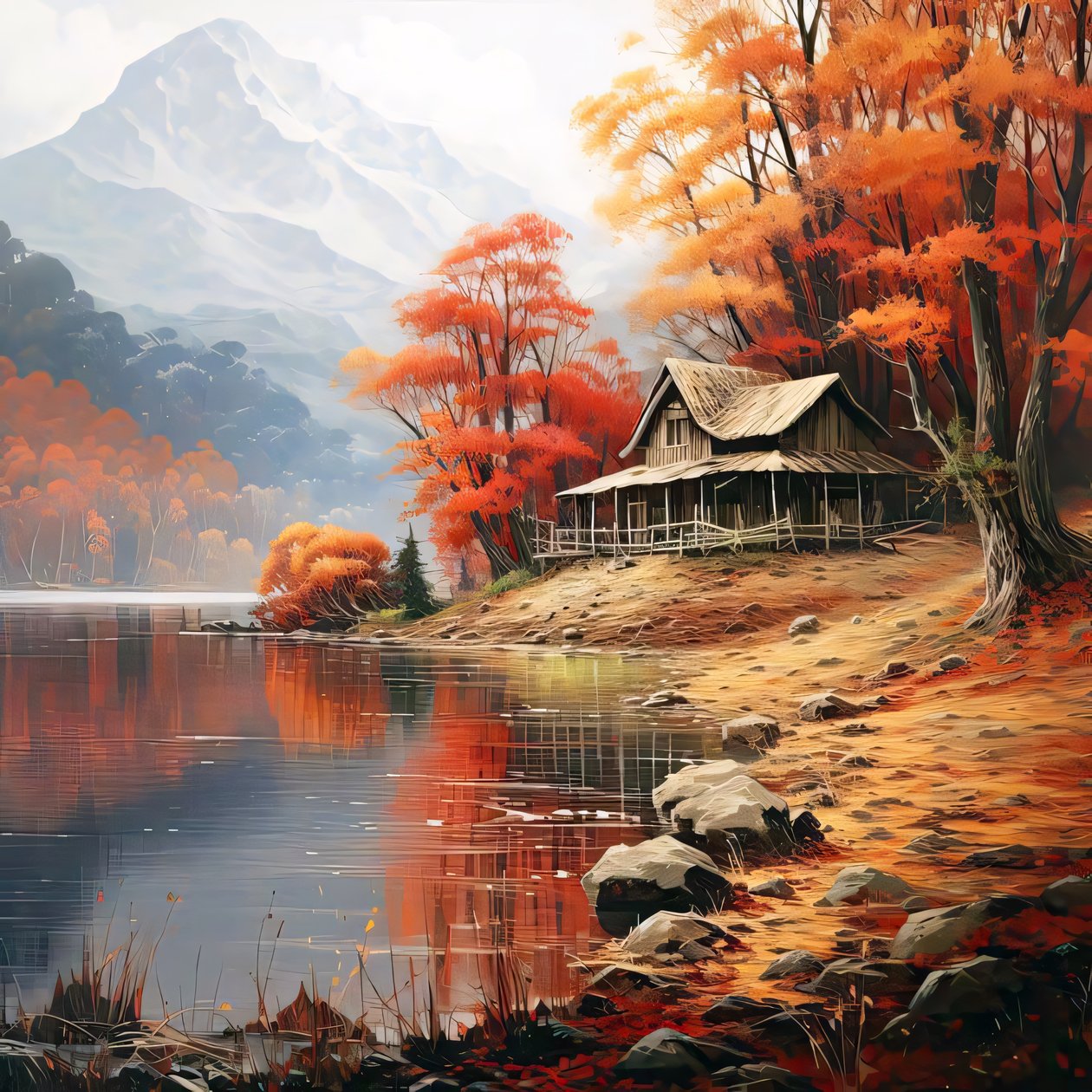Schilderij van een hut in het bos naast een rivier, muurdecor voor slaapkamer door F. Abderrahim