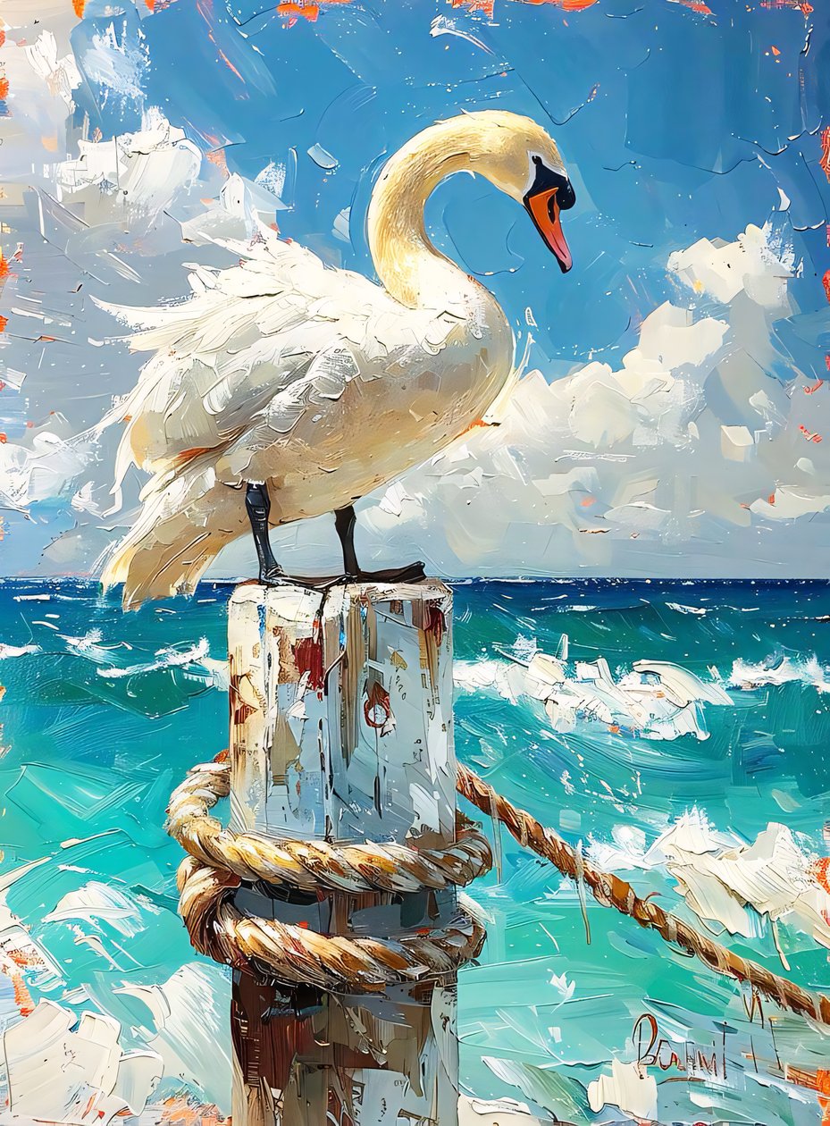 Witte trekvogel, ganzen aan zee, blauwe kleuren, muurdecoratie-ideeën door F. Abderrahim