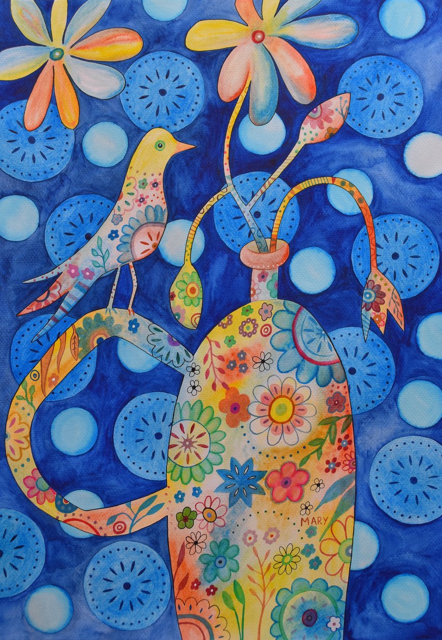 Vogel op bloemenvaas door Marys Watercolors