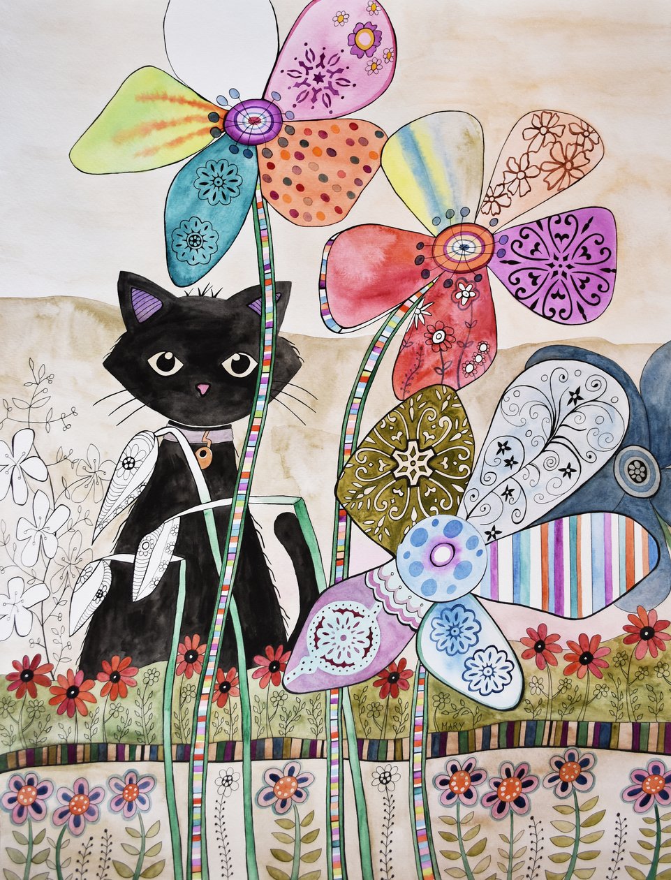 Kat achter bloemen door Marys Watercolors