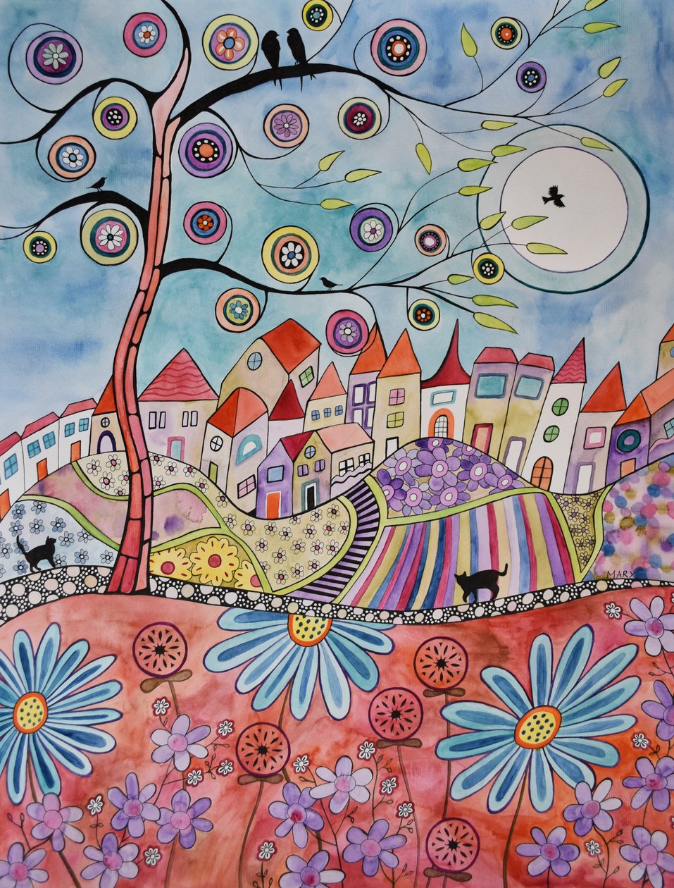 Dorp achter rode weide door Marys Watercolors