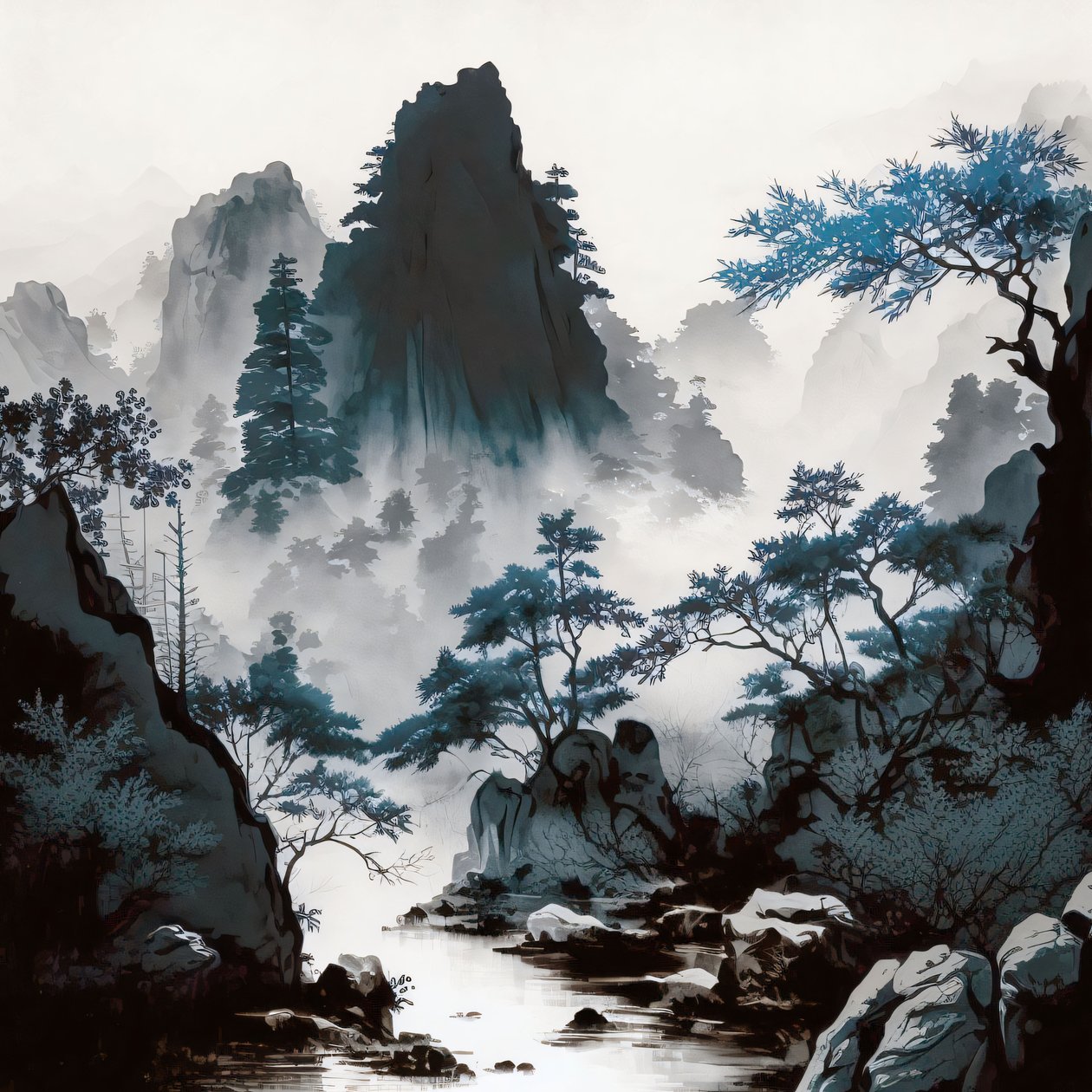 Cyanotype Berg Riviernevel in Shan Shui Stijl, wanddecoratie voor slaapkamer door F. Abderrahim