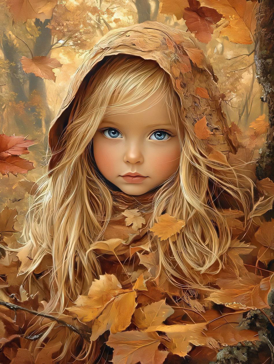mooi meisje  herfstbladeren, canvas  wandframe print op aanvraag door F. Abderrahim