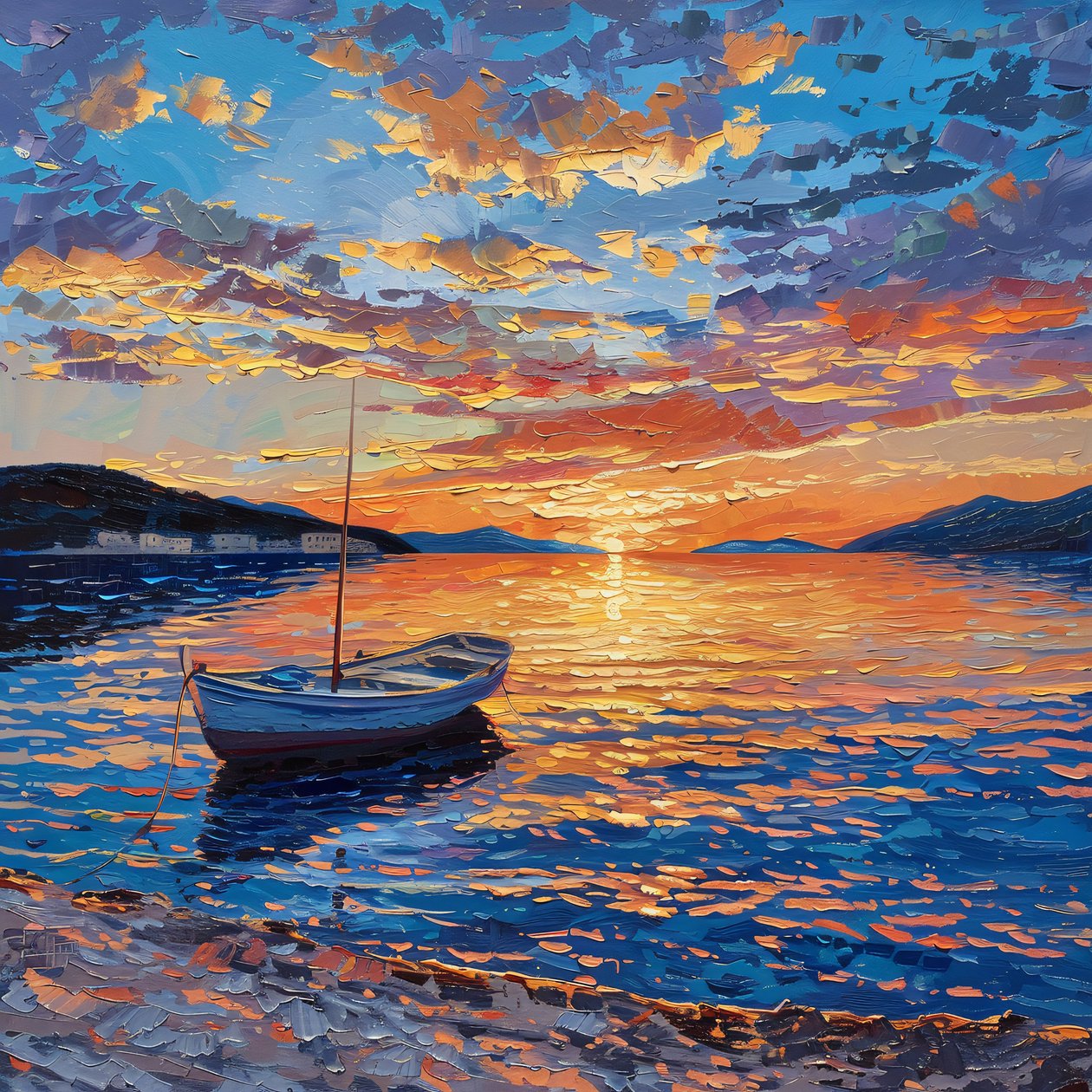 Boot op rivier bij zonsondergang Mooi, Dalmatië, Kroatië Olieverf op Canvas, Muurdecoratie te koop door F. Abderrahim