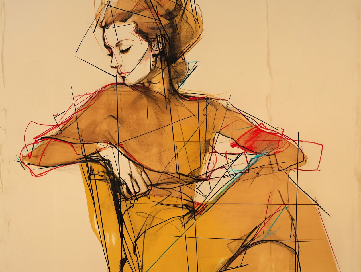 Mode Illustratie  tekening van een zittende vrouw, Portret In Elegante Bruine Jurk, kunstdrukken door F. Abderrahim
