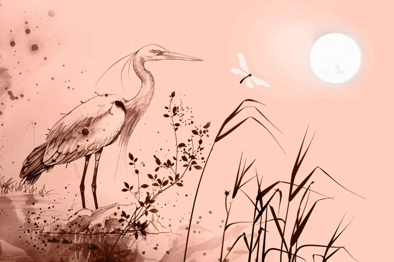 Inkttekening van een reiger op rotsen bij het water, wanddecoratie voor slaapkamer door F. Abderrahim