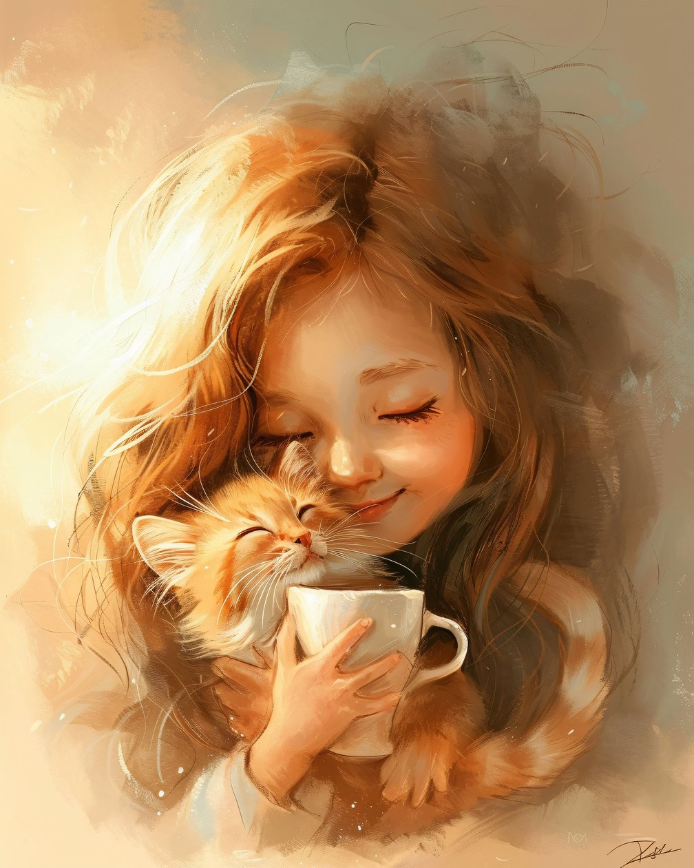 Meisje, haar kat en de liefde voor goede koffie, ingelijste wanddecoratie door F. Abderrahim