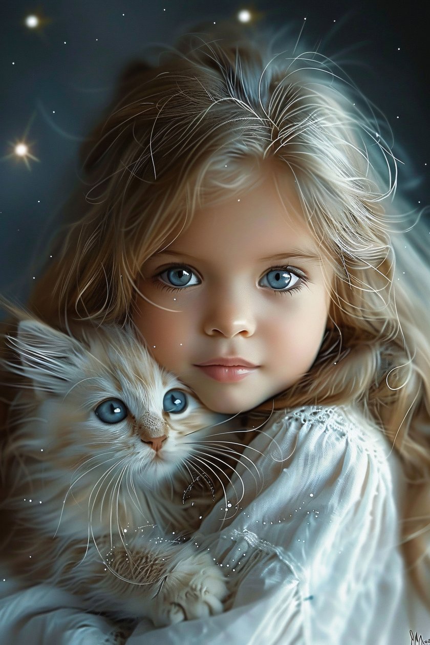 The Girl and Her Cat Een band van grote blauwe ogen en liefde, frame wanddecoratie prints door F. Abderrahim