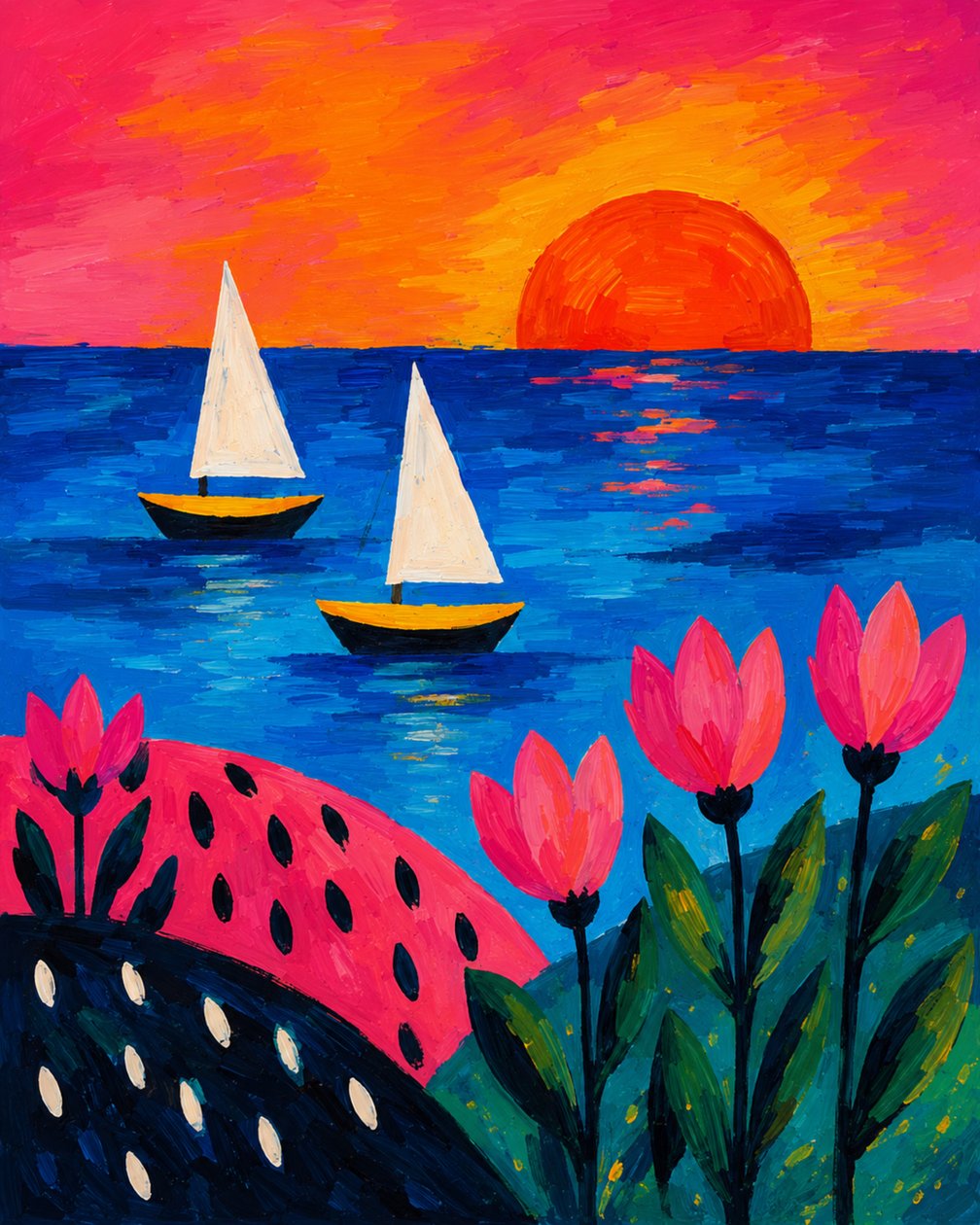 Zonsondergang boven een zee van bloemen door Nomi Morina