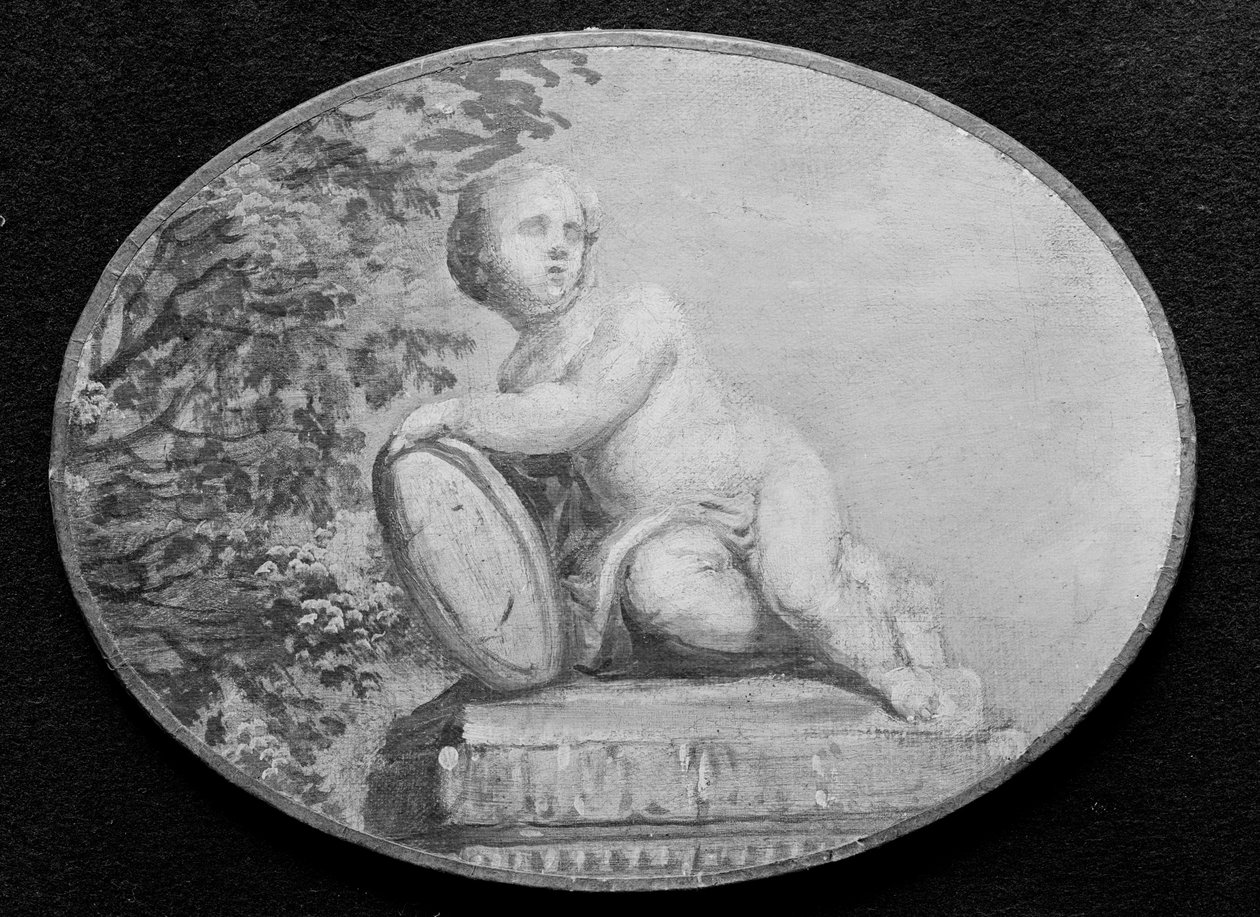 Putto op een voetstuk tegen een achtergrond van groen door 18th century . French Painter