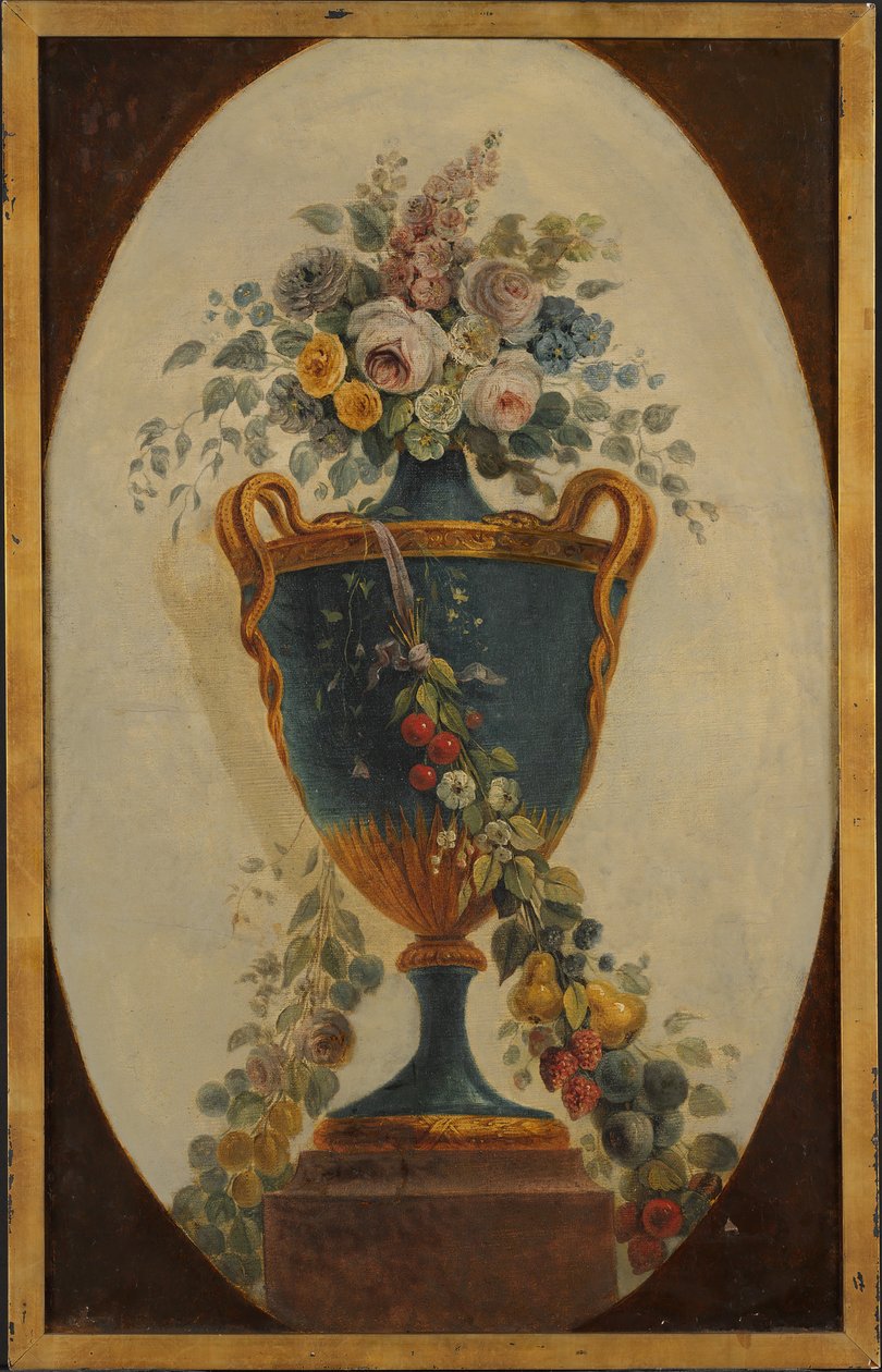 Vaas met bloemen gedrapeerd met slingers door 18th century . French Painter