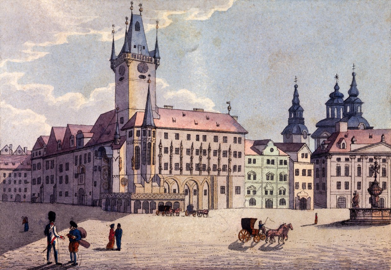 Oude stadsplein vanaf Celetná straat, Praag, ca. 1810 door A. and Berka, Johann Gustav
