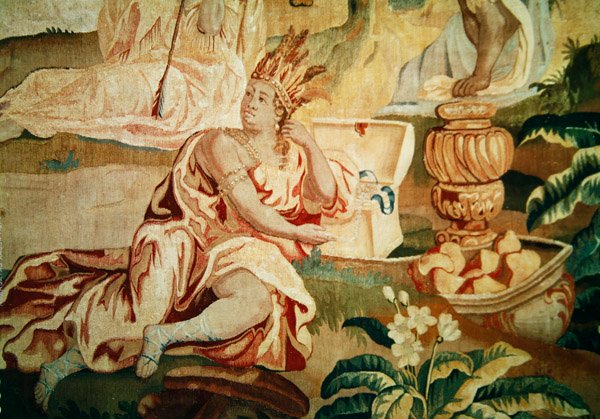 Amerika, uit een wandtapijt van de vier hoeken van de wereld, detail van een figuur op de voorgrond (detail) door A. Baertams
