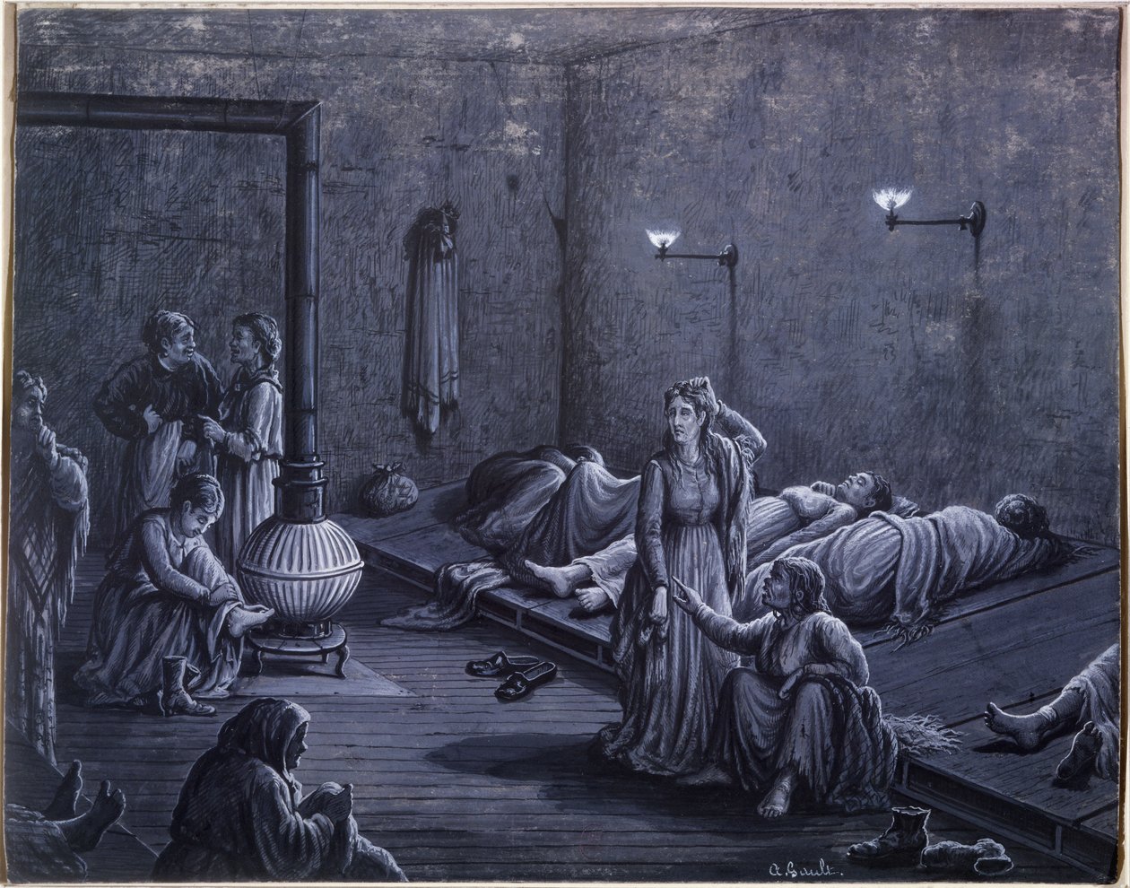 Interieur van een nachtopvang voor arme vrouwen, 1850-60 door A. Gault