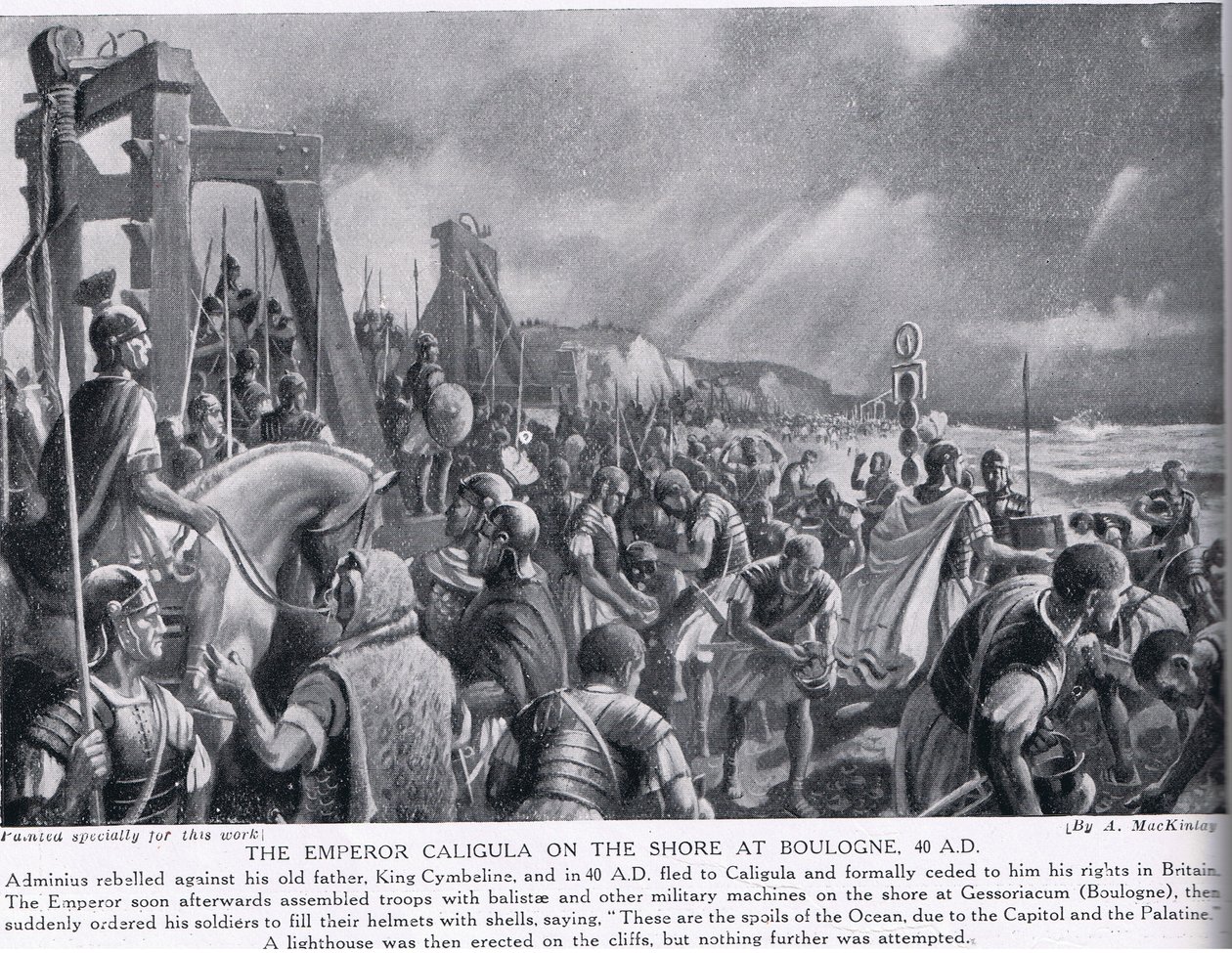 De keizer Caligula aan de kust bij Boulogne, illustratie uit Hutchinsons History of the Nations, ca. 1910 door A. MacKinlay