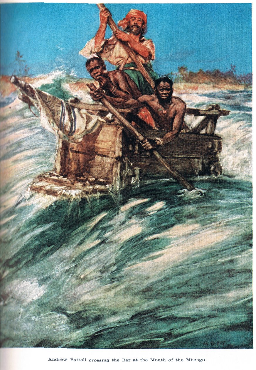 Battell arriveert bij de monding van de Mbengo, illustratie uit 