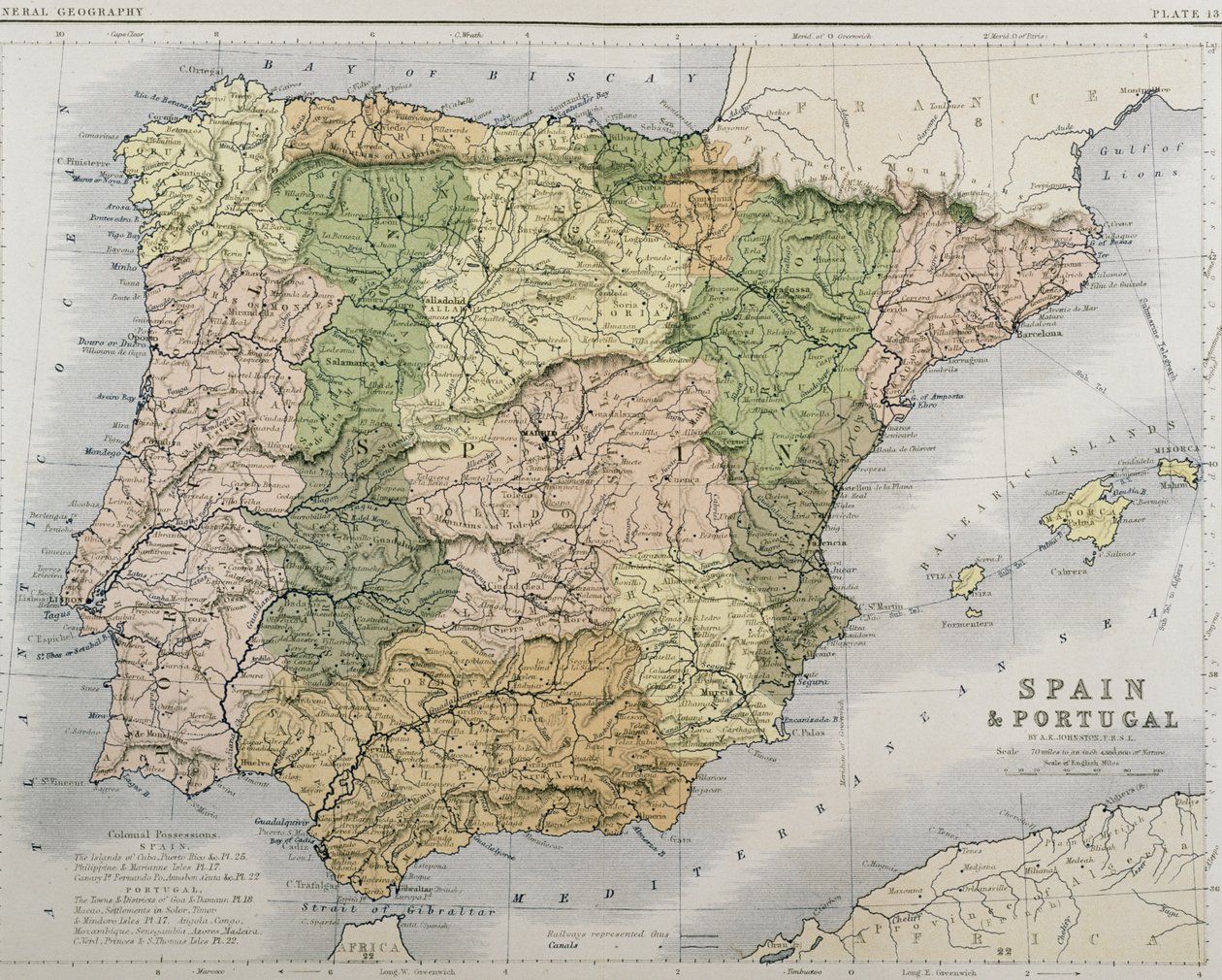 Een kaart van Spanje en Portugal, c.1869 door Alexander Keith Johnston