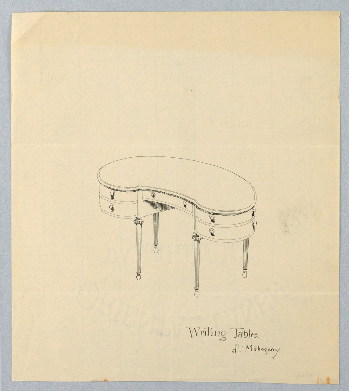 Ontwerp voor Nier-vormige Schrijftafel met Peer-vormige Poten door A.N. Davenport Co.