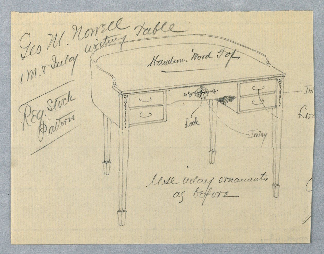 Ontwerp voor mahoniehouten inleg schrijftafel voor George M. Nowell door A.N. Davenport Co.