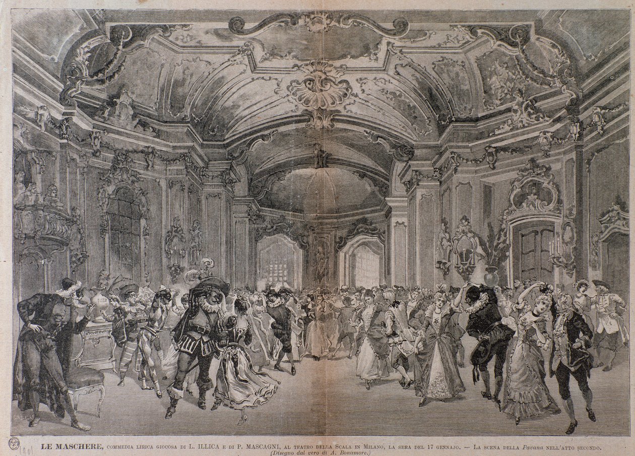 Illustraties voor de opera Le Maschere door Pietro Mascagni voor de uitvoering in het Teatro alla Scala in Milaan door A. (after) Bonamore