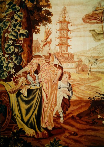 Azië, uit een wandtapijt van de vier hoeken van de wereld, detail van figuren aan de linkerkant, voor de pagode (detail) door A. Baertams