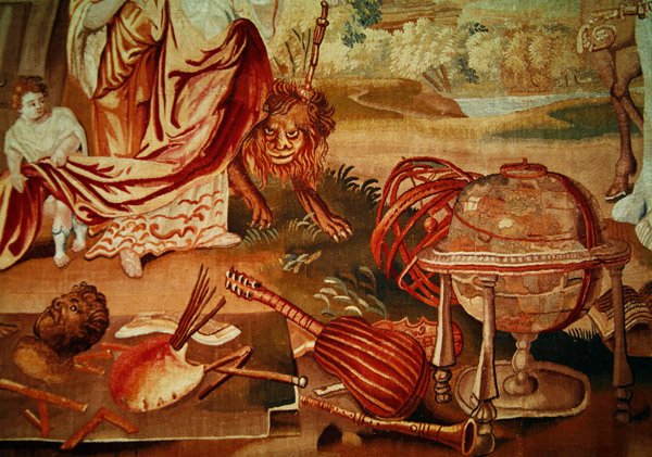 Europa, uit een wandtapijt van de vier hoeken van de wereld, detail van de muziekinstrumenten aan de rechteronderkant, begin 18e eeuw door A. Baertams