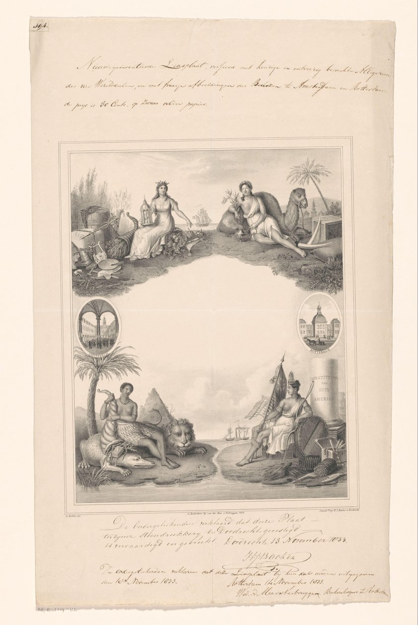 Ontwerp voor een titelpagina met personificaties van vier werelddelen door A. Bakker