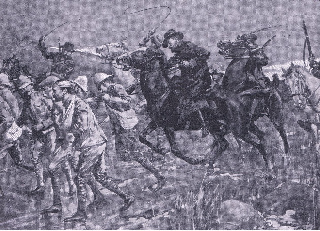 De behandeling van Britse krijgsgevangenen door De Wet tijdens de mars, illustratie uit Na Pretoria: De Guerrillaoorlog, 1902 door A. C. Ball