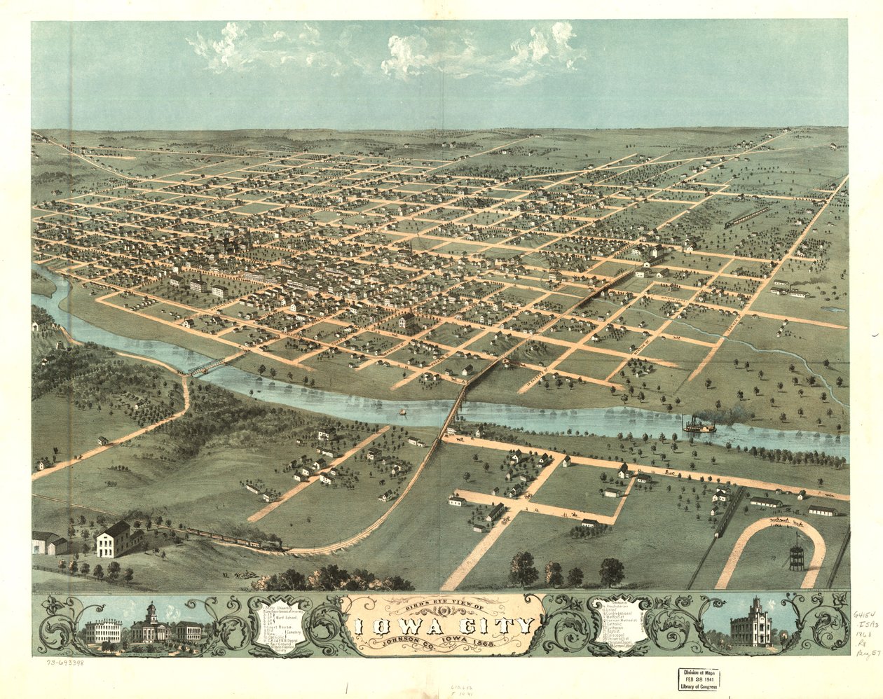 Vogelvlucht van Iowa City, Johnson Co, Iowa 1868. LOC 73693398 door A.; Chicago Lithographing Co. Ruger
