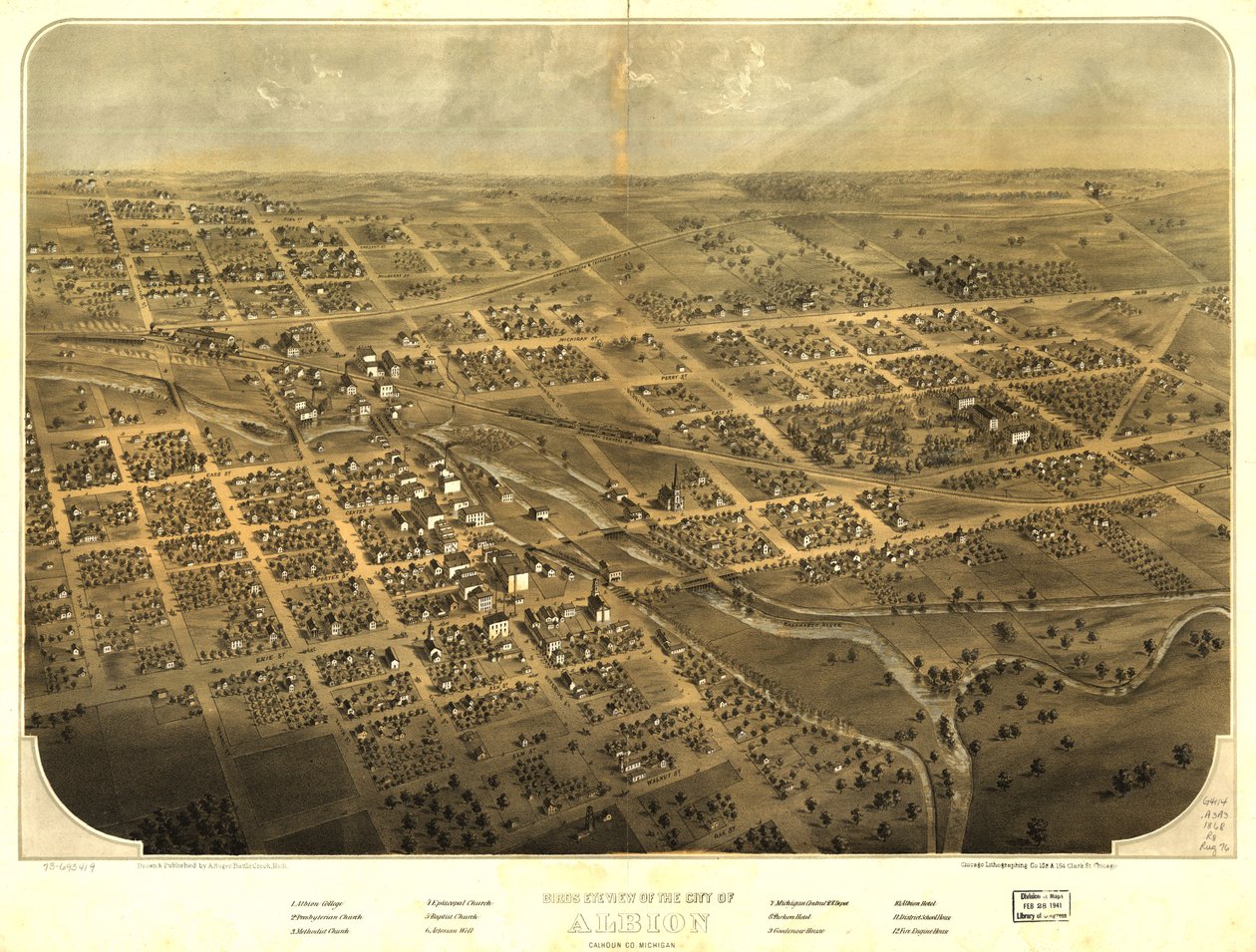 Vogelvluchtperspectief van de stad Albion, Calhoun Co, Michigan. LOC 73693419 door A.; Chicago Lithographing Co. Ruger