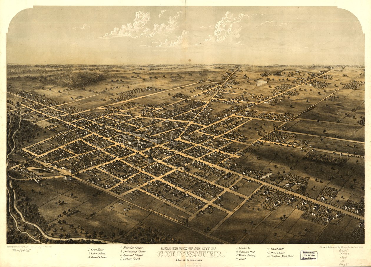Vogelvluchtperspectief van de stad Coldwater, Branch Co, Michigan. LOC 73693425 door A.; Chicago Lithographing Co. Ruger