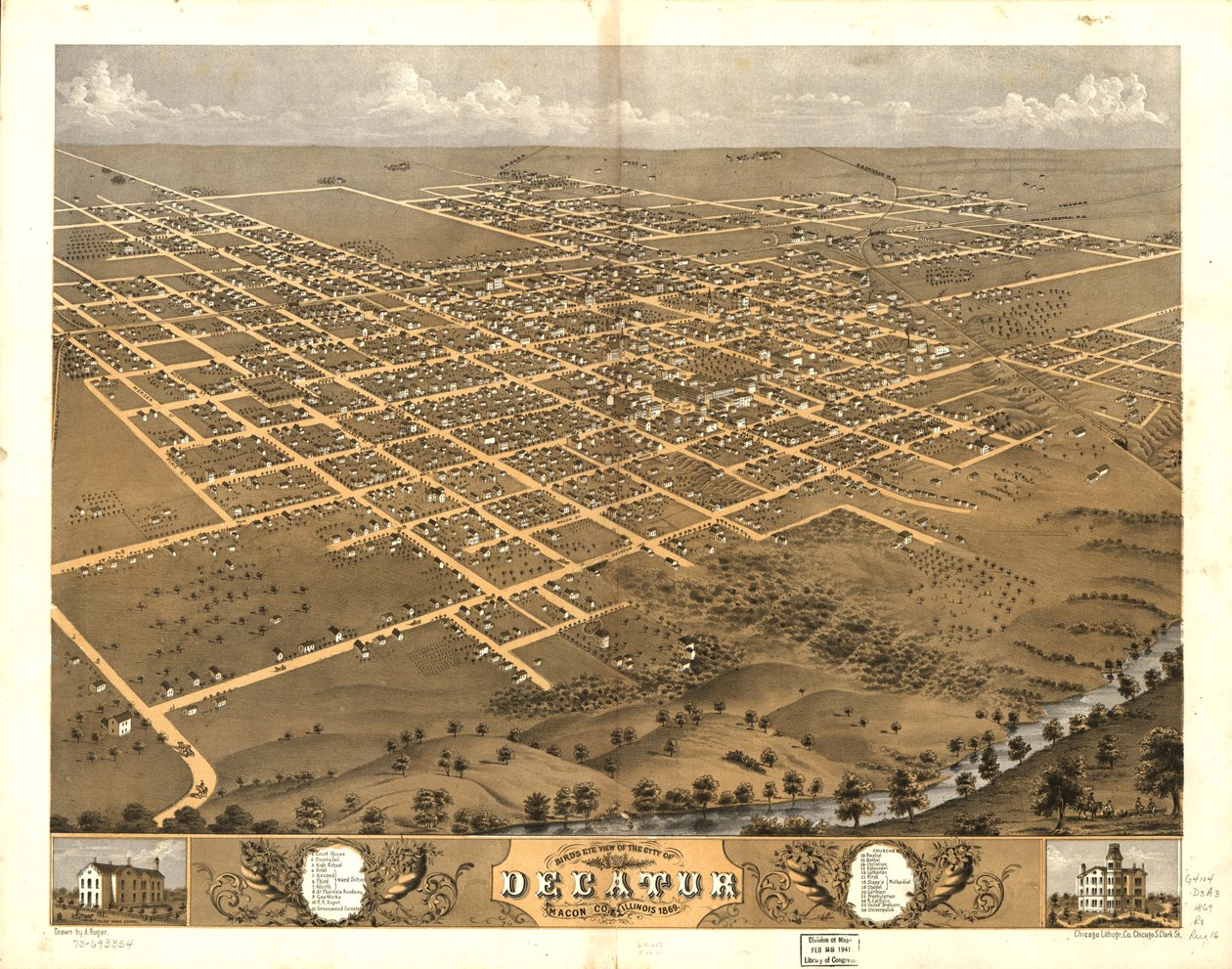 Gezicht in vogelvlucht op de stad Decatur, Macon Co, Illinois 1869. LOC 73693354 door A.; Chicago Lithographing Co. Ruger