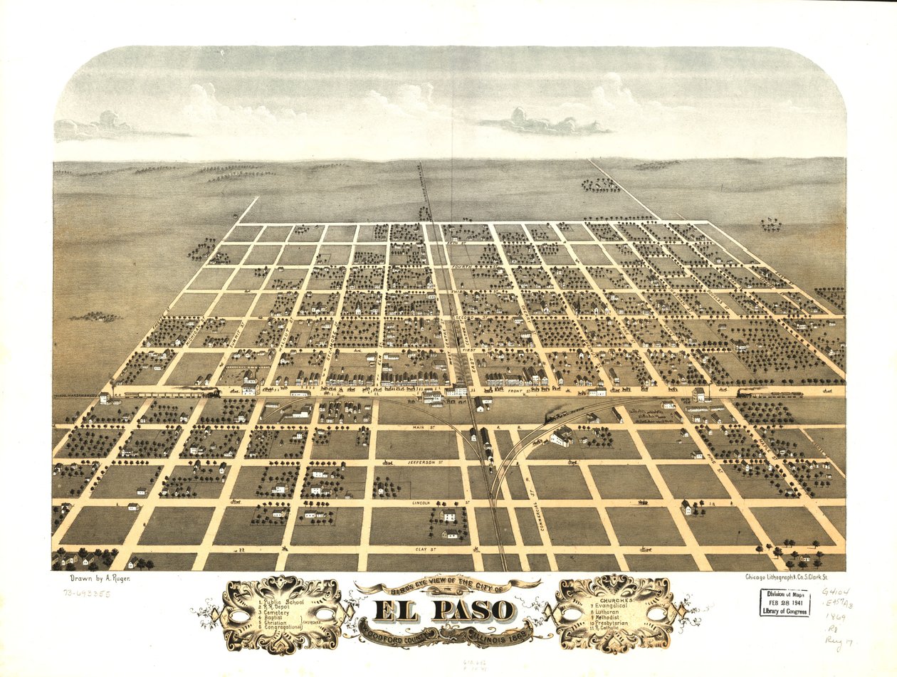 Gezicht in vogelvlucht op de stad El Paso, Woodford County, Illinois 1869. LOC 73693355 door A.; Chicago Lithographing Co. Ruger