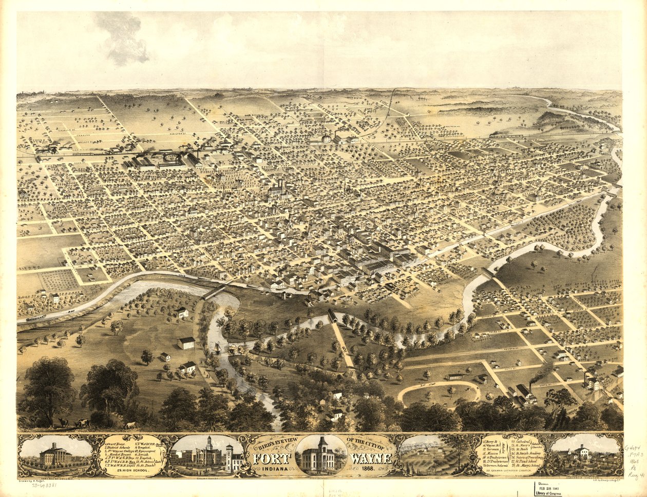 Gezicht in vogelvlucht op de stad Fort Wayne, Indiana 1868. LOC 73693381 door A.; Chicago Lithographing Co. Ruger