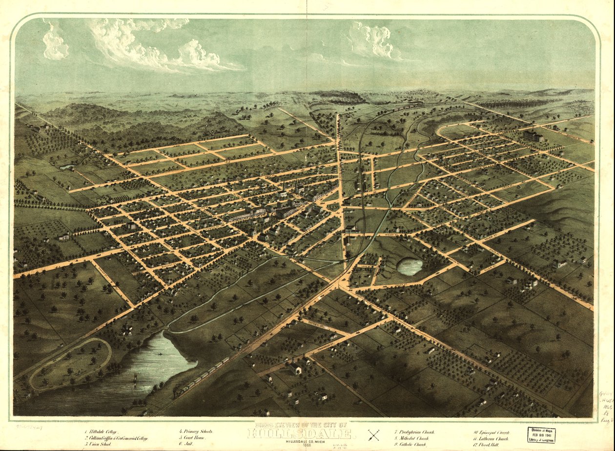 Vogelvluchtperspectief van de stad Hillsdale, Hillsdale Co., Mich. 1866. LOC 73693429 door A.; Chicago Lithographing Co. Ruger