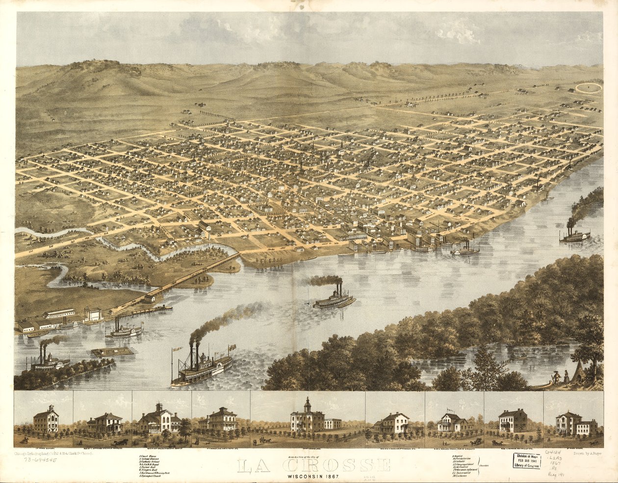 Vogelvlucht van de stad La Crosse, Wisconsin 1867. LOC 73694545 door A.; Chicago Lithographing Co. Ruger