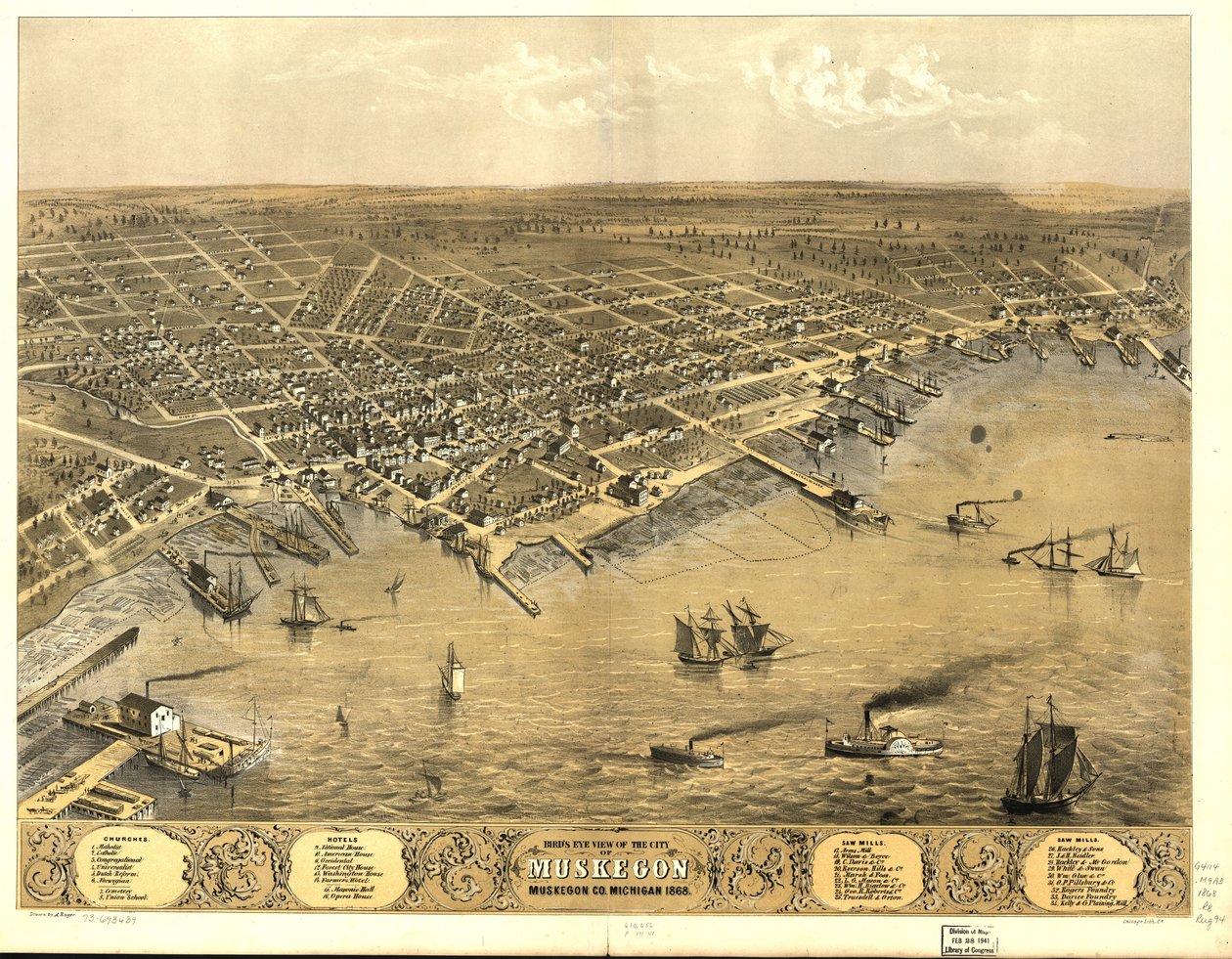 Vogelvlucht van de stad Muskegon, Muskegon Co., Michigan 1868 door A.; Chicago Lithographing Co. Ruger