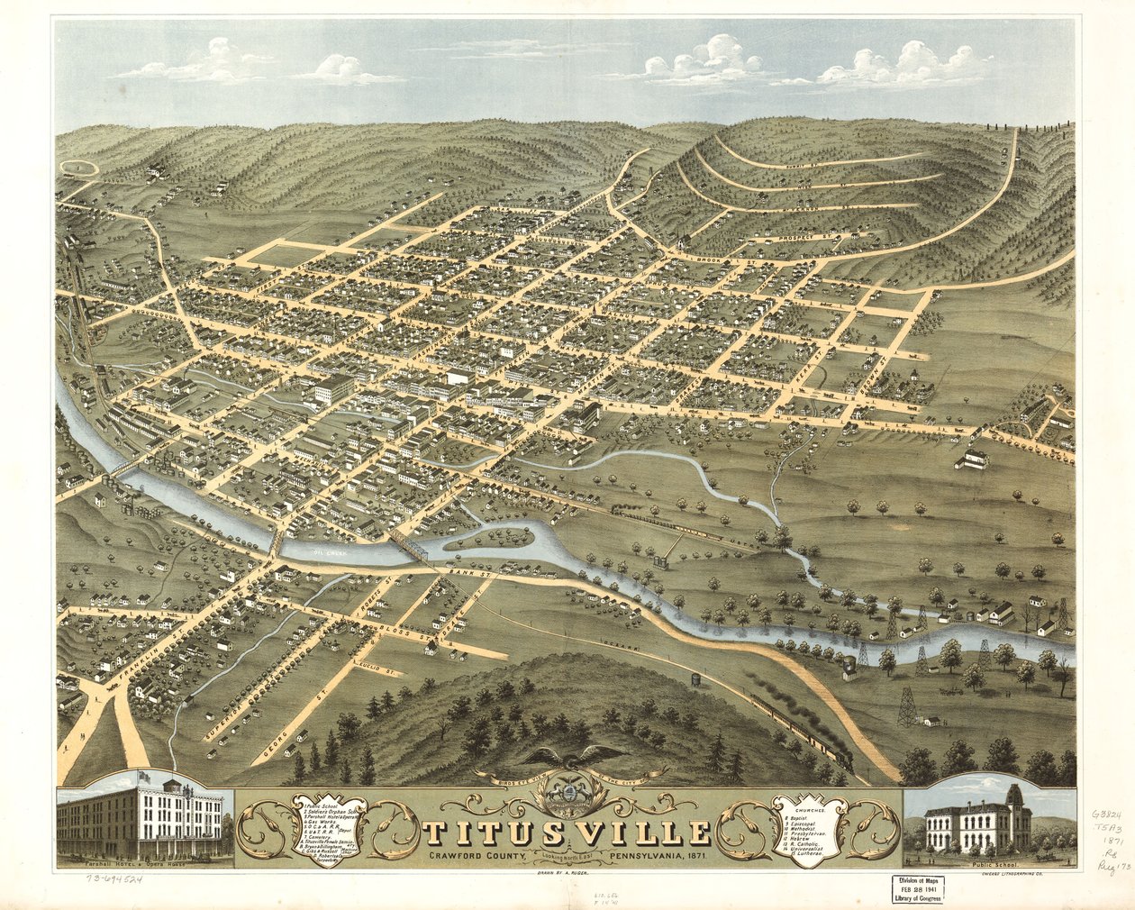 Vogelvluchtperspectief van de stad Titusville, Crawford County, Pennsylvania 1871. LOC 73694524 door A.; Chicago Lithographing Co. Ruger