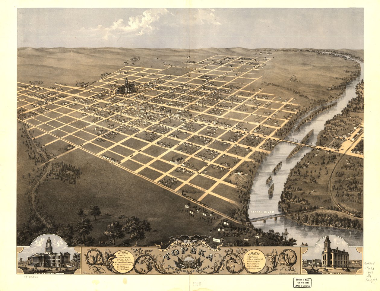 Vogelvlucht van de stad Topeka, de hoofdstad van Kansas 1869. LOC 73693411 door A.; Chicago Lithographing Co. Ruger