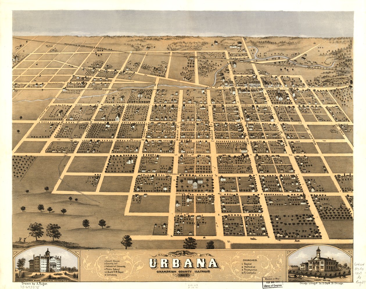 Gezicht in vogelvlucht op de stad Urbana, Champaign County, Illinois 1869. LOC 73693375 door A.; Chicago Lithographing Co. Ruger